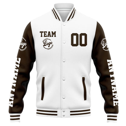 Benutzerdefinierte Varsity-Jacke. Letterman-Jacke für Männer, Frauen und Jugendliche Weiß Braun
