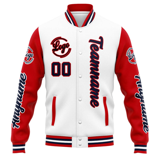 Benutzerdefinierte Varsity-Jacke. Letterman-Jacke für Männer, Frauen und Jugendliche Weiß Rot Marine