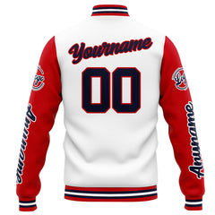 Benutzerdefinierte Varsity-Jacke. Letterman-Jacke für Männer, Frauen und Jugendliche Weiß Rot Marine