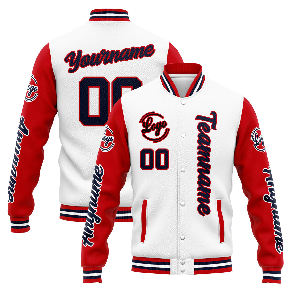 Benutzerdefinierte Varsity-Jacke. Letterman-Jacke für Männer, Frauen und Jugendliche Weiß Rot Marine