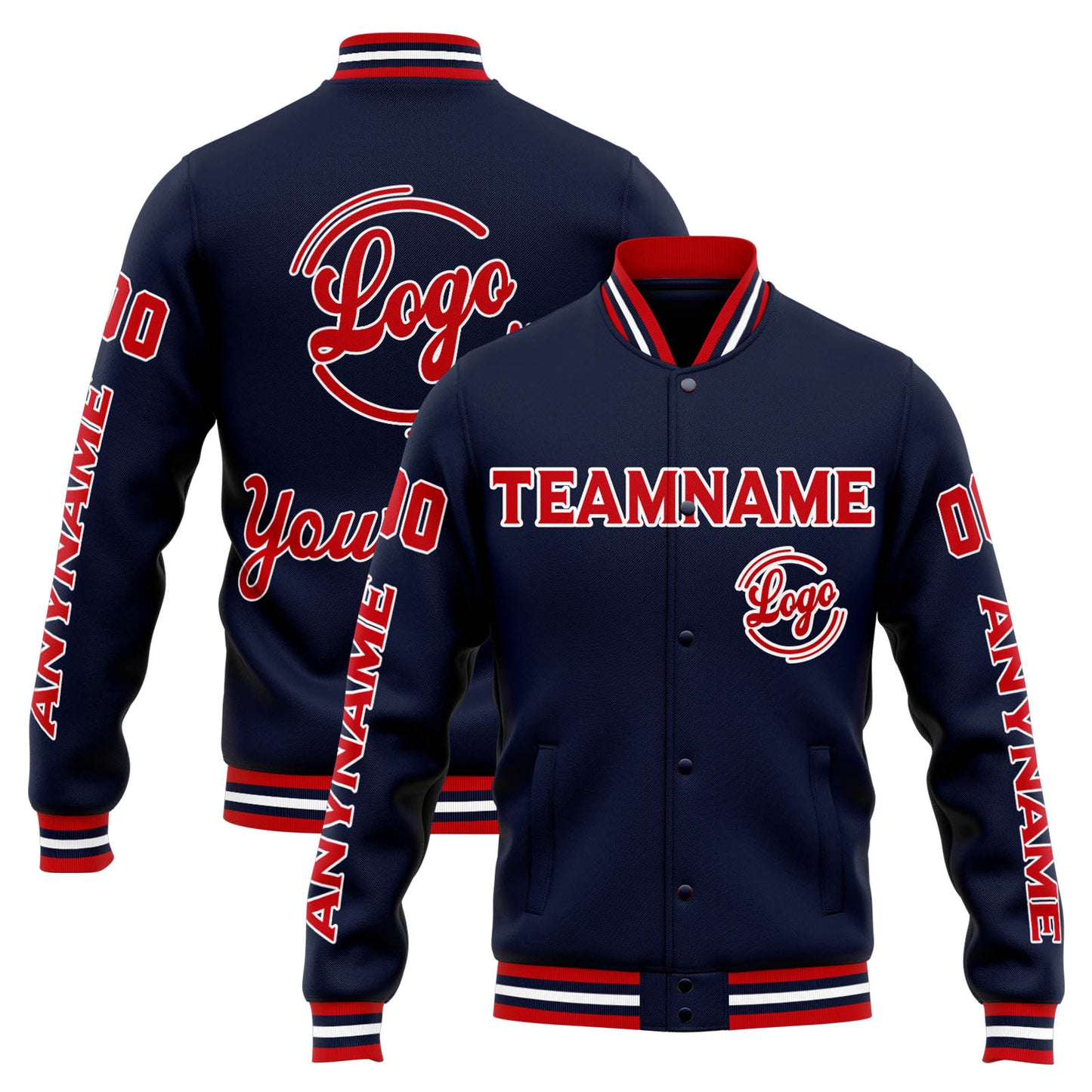 Benutzerdefinierte Varsity-Jacke. Letterman-Jacke für Männer, Frauen und Jugendliche Marine Rot