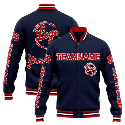 Benutzerdefinierte Varsity-Jacke. Letterman-Jacke für Männer, Frauen und Jugendliche Marine Rot