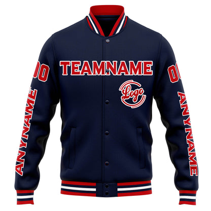Benutzerdefinierte Varsity-Jacke. Letterman-Jacke für Männer, Frauen und Jugendliche Marine Rot