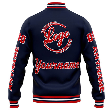 Benutzerdefinierte Varsity-Jacke. Letterman-Jacke für Männer, Frauen und Jugendliche Marine Rot