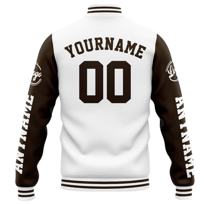 Benutzerdefinierte Varsity-Jacke. Letterman-Jacke für Männer, Frauen und Jugendliche Weiß Braun
