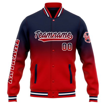 Benutzerdefinierte Varsity-Jacke. Letterman-Jacke für Männer, Frauen und Jugendliche Marine Rot Verlauf