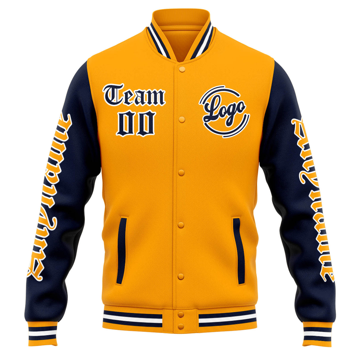 Benutzerdefinierte Varsity-Jacke. Letterman-Jacke für Männer, Frauen und Jugendliche Orange Marine