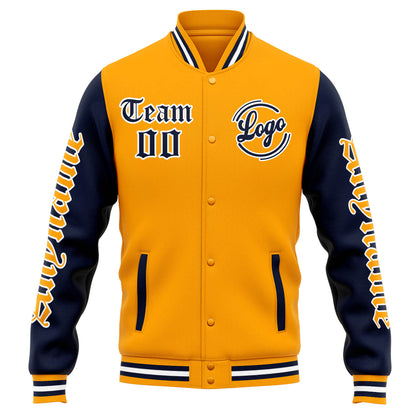 Benutzerdefinierte Varsity-Jacke. Letterman-Jacke für Männer, Frauen und Jugendliche Orange Marine