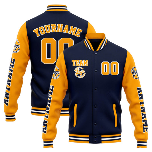 Benutzerdefinierte Varsity-Jacke. Letterman-Jacke für Männer, Frauen und Jugendliche Marine Orange