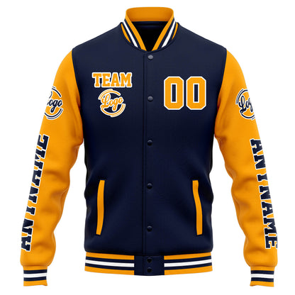 Benutzerdefinierte Varsity-Jacke. Letterman-Jacke für Männer, Frauen und Jugendliche Marine Orange