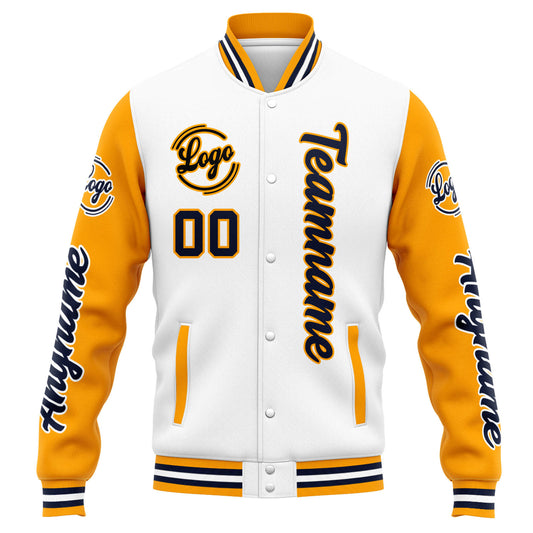 Benutzerdefinierte Varsity-Jacke. Letterman-Jacke für Männer, Frauen und Jugendliche Weiß Orange Marine