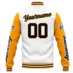 Benutzerdefinierte Varsity-Jacke. Letterman-Jacke für Männer, Frauen und Jugendliche Weiß Orange Marine