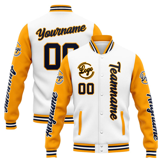 Benutzerdefinierte Varsity-Jacke. Letterman-Jacke für Männer, Frauen und Jugendliche Weiß Orange Marine