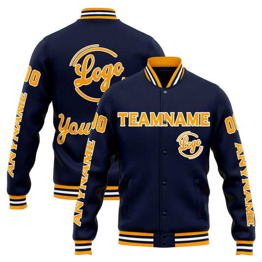 Benutzerdefinierte Varsity-Jacke. Letterman-Jacke für Männer, Frauen und Jugendliche Marine Orange