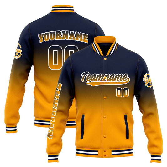 Benutzerdefinierte Varsity-Jacke. Letterman-Jacke für Männer, Frauen und Jugendliche Marine Orange  Verlauf