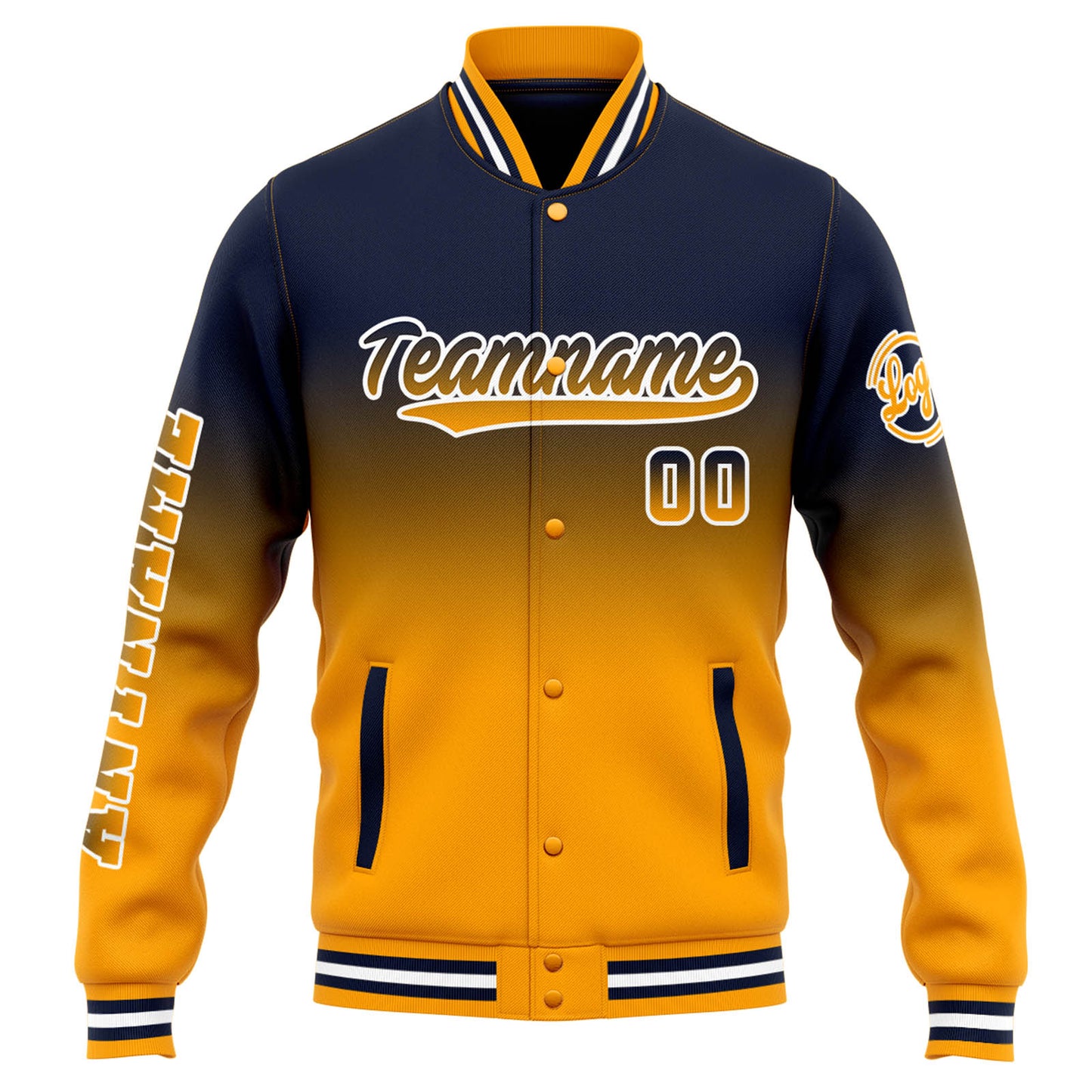 Benutzerdefinierte Varsity-Jacke. Letterman-Jacke für Männer, Frauen und Jugendliche Marine Orange  Verlauf