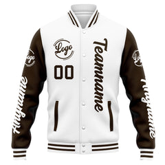 Benutzerdefinierte Varsity-Jacke. Letterman-Jacke für Männer, Frauen und Jugendliche Weiß Braun