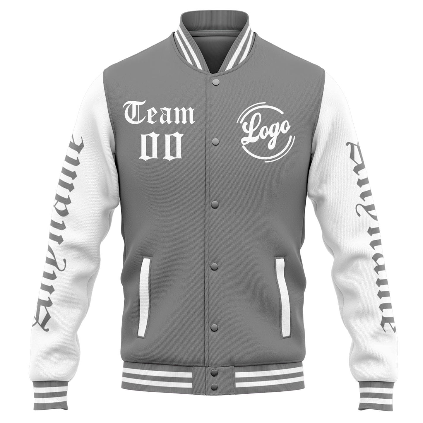 Benutzerdefinierte Varsity-Jacke. Letterman-Jacke für Männer, Frauen und Jugendliche Grau Weiß