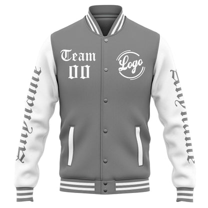 Benutzerdefinierte Varsity-Jacke. Letterman-Jacke für Männer, Frauen und Jugendliche Grau Weiß