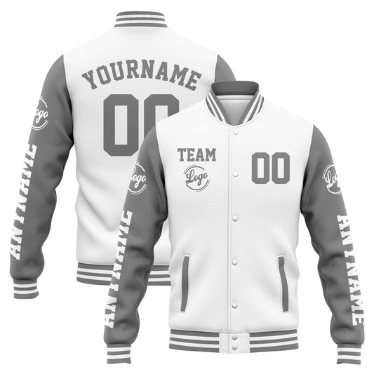 Benutzerdefinierte Varsity-Jacke. Letterman-Jacke für Männer, Frauen und Jugendliche Weiß Grau