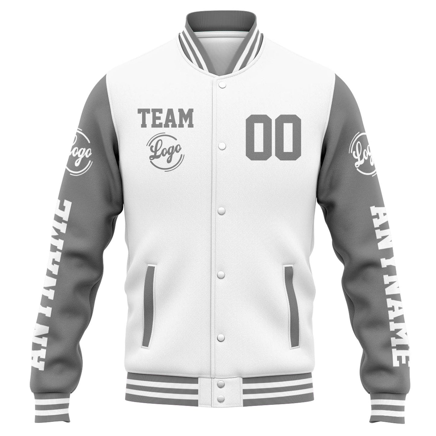 Benutzerdefinierte Varsity-Jacke. Letterman-Jacke für Männer, Frauen und Jugendliche Weiß Grau