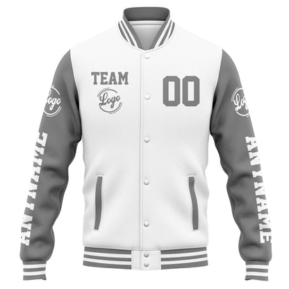 Benutzerdefinierte Varsity-Jacke. Letterman-Jacke für Männer, Frauen und Jugendliche Weiß Grau