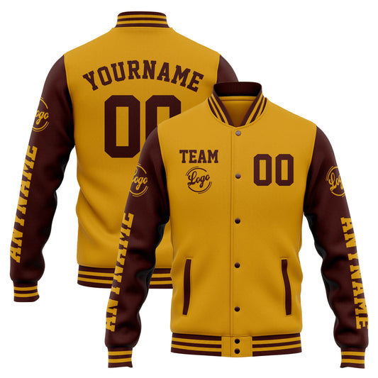 Benutzerdefinierte Varsity-Jacke. Letterman-Jacke für Männer, Frauen und Jugendliche Gold Burgund