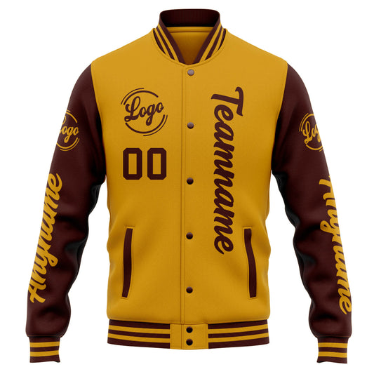 Benutzerdefinierte Varsity-Jacke. Letterman-Jacke für Männer, Frauen und Jugendliche Gold Burgund