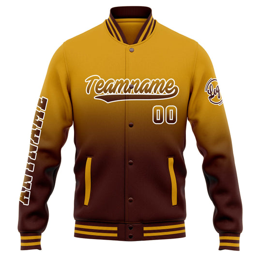 Benutzerdefinierte Varsity-Jacke. Letterman-Jacke für Männer, Frauen und Jugendliche Gold Burgund Verlauf