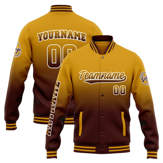 Benutzerdefinierte Varsity-Jacke. Letterman-Jacke für Männer, Frauen und Jugendliche Gold Burgund Verlauf