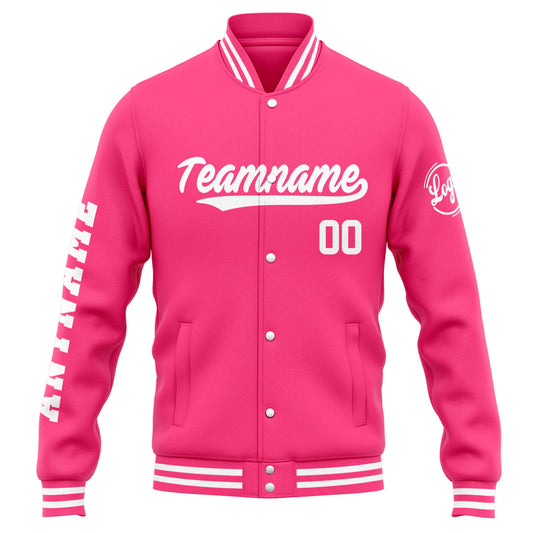 Benutzerdefinierte Varsity-Jacke. Letterman-Jacke für Männer, Frauen und Jugendliche Rosa Weiß