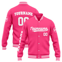 Benutzerdefinierte Varsity-Jacke. Letterman-Jacke für Männer, Frauen und Jugendliche Rosa Weiß