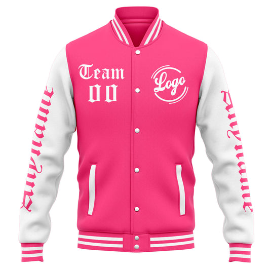 Benutzerdefinierte Varsity-Jacke. Letterman-Jacke für Männer, Frauen und Jugendliche Rosa Weiß