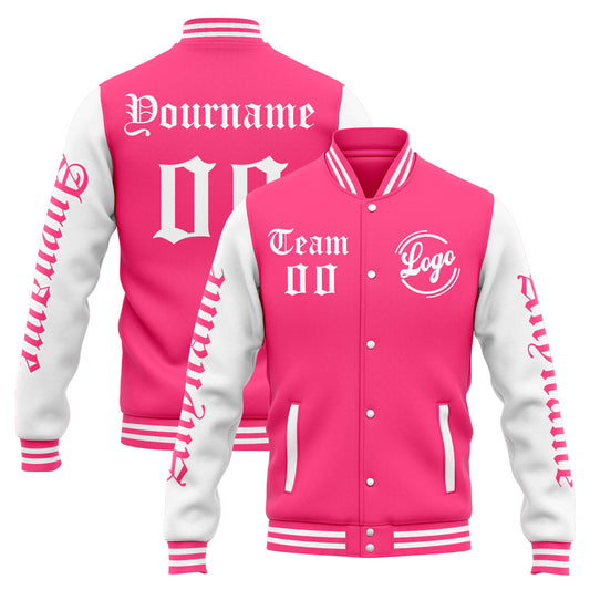 Benutzerdefinierte Varsity-Jacke. Letterman-Jacke für Männer, Frauen und Jugendliche Rosa Weiß