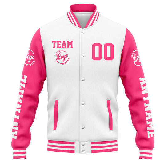 Benutzerdefinierte Varsity-Jacke. Letterman-Jacke für Männer, Frauen und Jugendliche Weiß Rosa