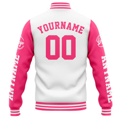 Benutzerdefinierte Varsity-Jacke. Letterman-Jacke für Männer, Frauen und Jugendliche Weiß Rosa