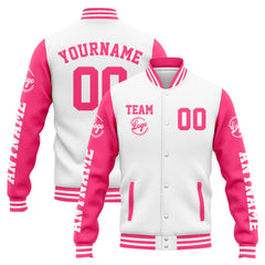 Benutzerdefinierte Varsity-Jacke. Letterman-Jacke für Männer, Frauen und Jugendliche Weiß Rosa