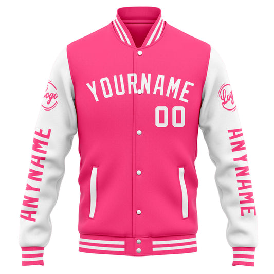 Benutzerdefinierte Varsity-Jacke. Letterman-Jacke für Männer, Frauen und Jugendliche Rosa Weiß