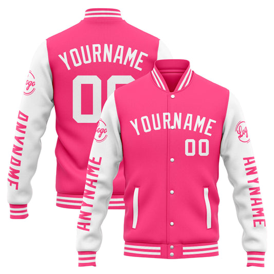 Benutzerdefinierte Varsity-Jacke. Letterman-Jacke für Männer, Frauen und Jugendliche Rosa Weiß