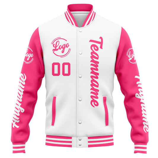 Benutzerdefinierte Varsity-Jacke. Letterman-Jacke für Männer, Frauen und Jugendliche Weiß Rosa