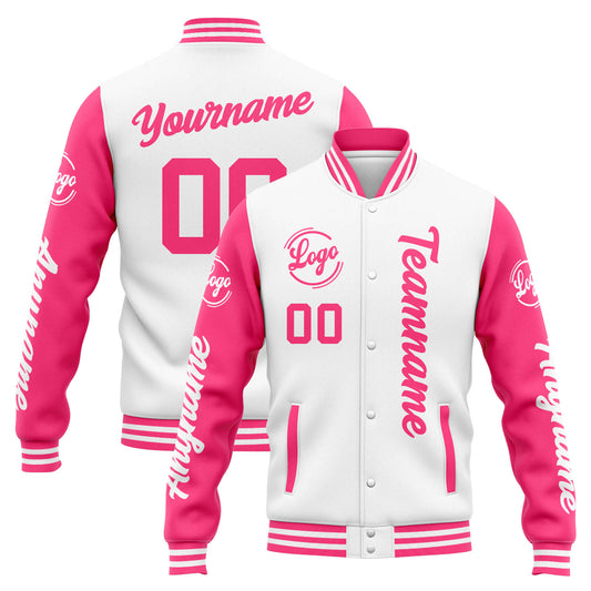 Benutzerdefinierte Varsity-Jacke. Letterman-Jacke für Männer, Frauen und Jugendliche Weiß Rosa