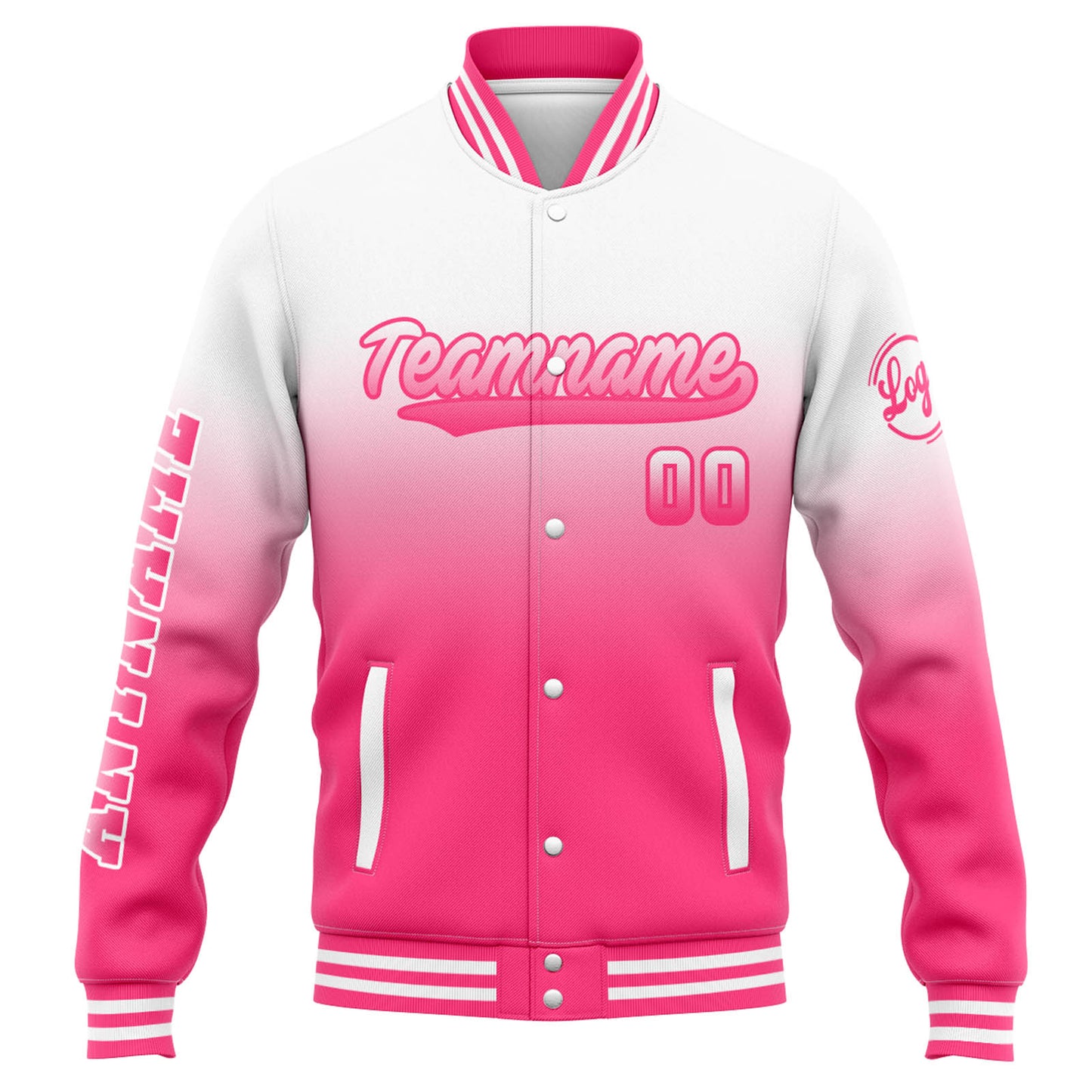 Benutzerdefinierte Varsity-Jacke. Letterman-Jacke für Männer, Frauen und Jugendliche Weiß Rosa Verlauf