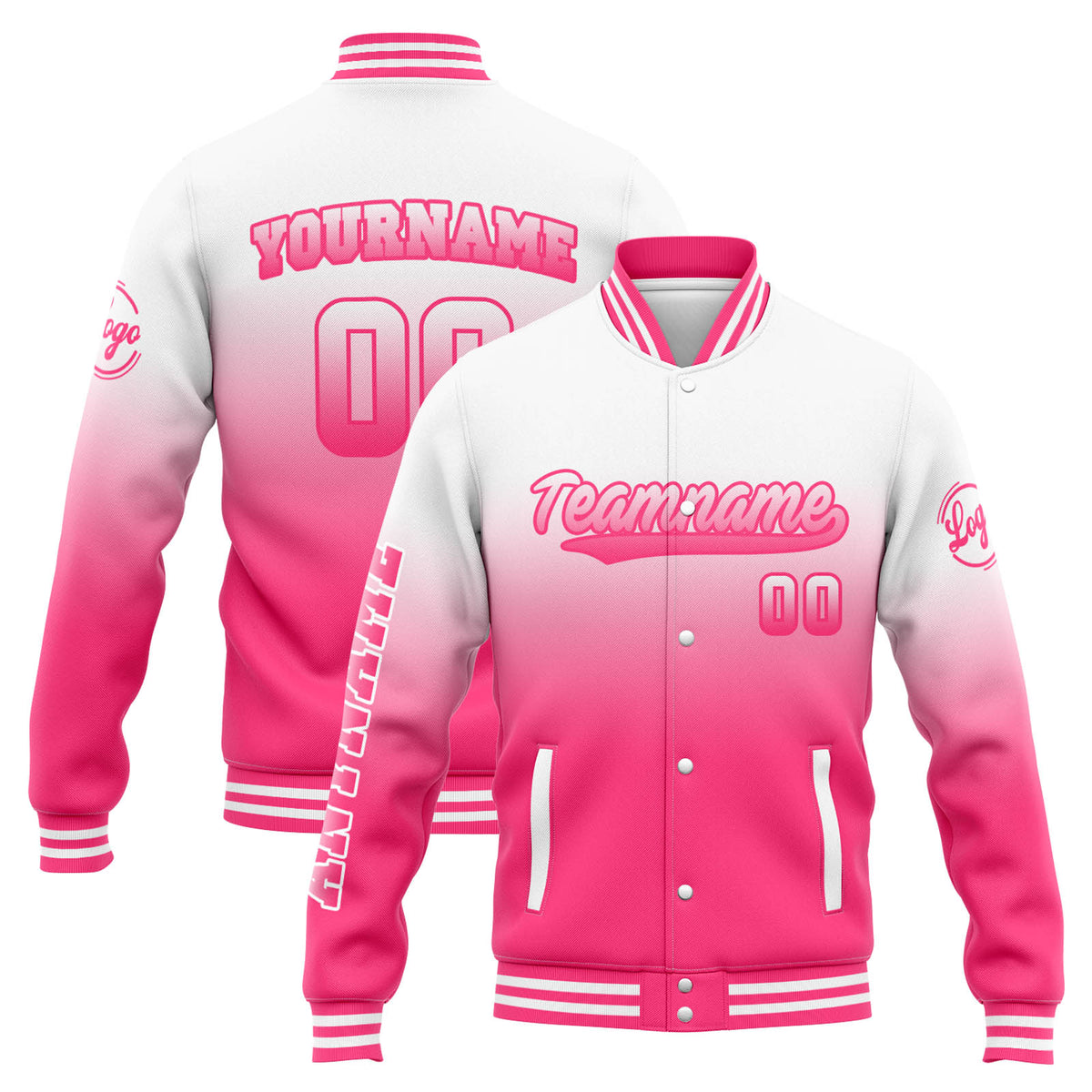 Benutzerdefinierte Varsity-Jacke. Letterman-Jacke für Männer, Frauen und Jugendliche Weiß Rosa Verlauf