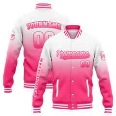 Benutzerdefinierte Varsity-Jacke. Letterman-Jacke für Männer, Frauen und Jugendliche Weiß Rosa Verlauf