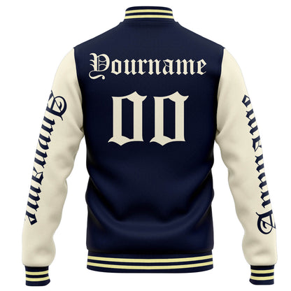 Benutzerdefinierte Varsity-Jacke. Letterman-Jacke für Männer, Frauen und Jugendliche Marine Creme
