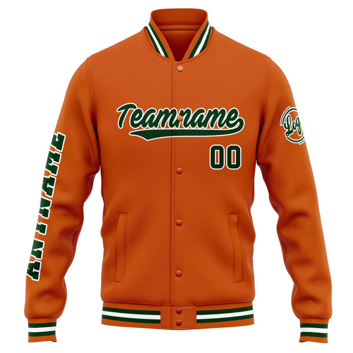 Benutzerdefinierte Varsity-Jacke. Letterman-Jacke für Männer, Frauen und Jugendliche Orange Dunkelgrün