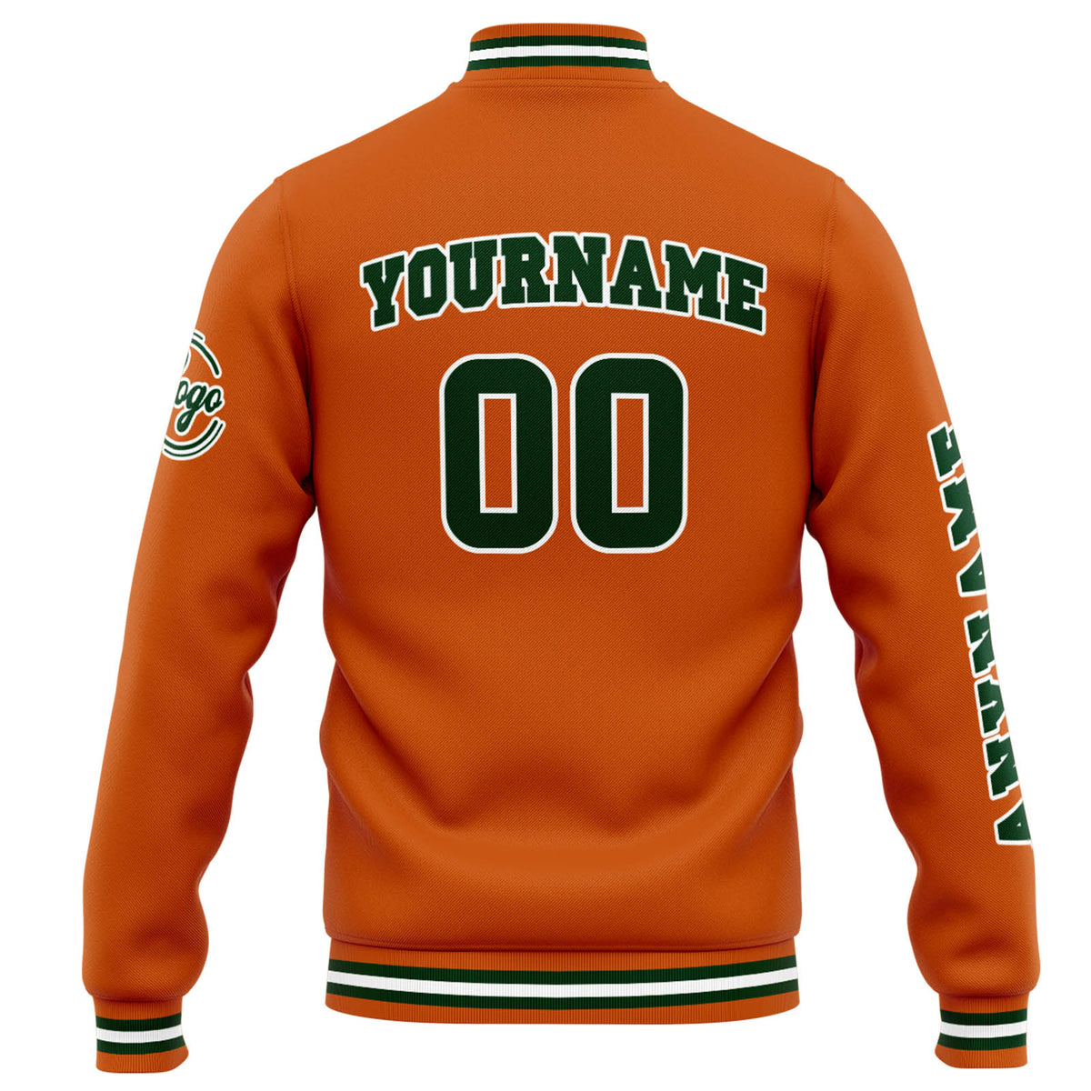 Benutzerdefinierte Varsity-Jacke. Letterman-Jacke für Männer, Frauen und Jugendliche Orange Dunkelgrün