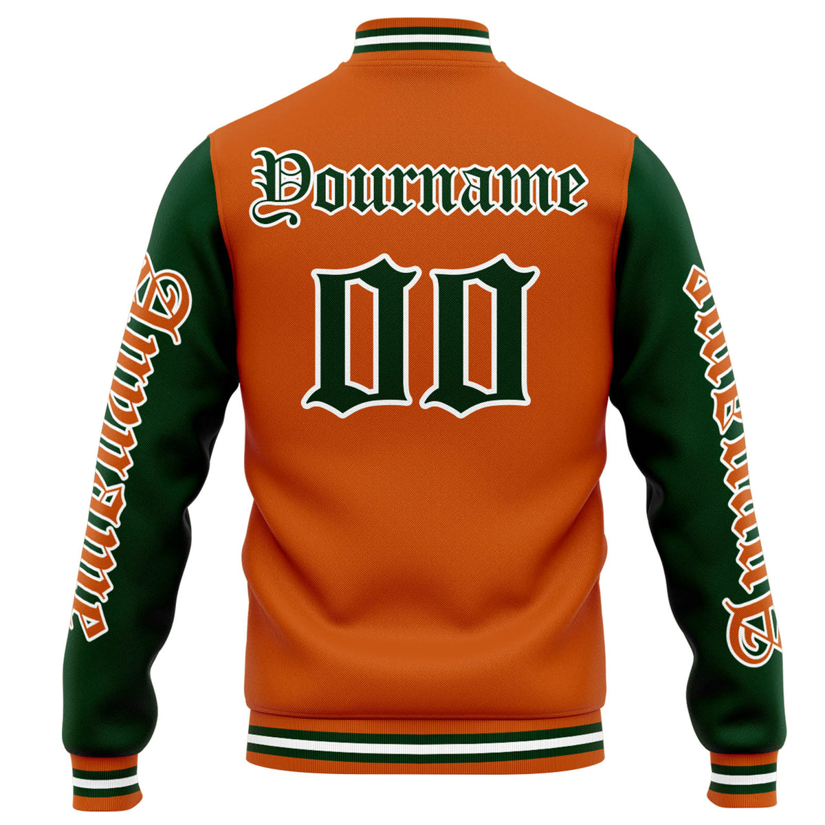Benutzerdefinierte Varsity-Jacke. Letterman-Jacke für Männer, Frauen und Jugendliche Orange Dunkelgrün