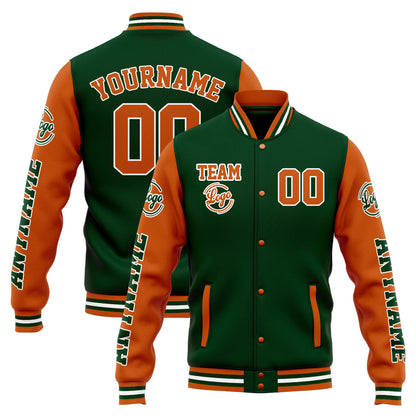 Benutzerdefinierte Varsity-Jacke. Letterman-Jacke für Männer, Frauen und Jugendliche Drak Grün Orange