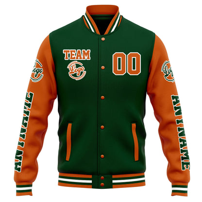 Benutzerdefinierte Varsity-Jacke. Letterman-Jacke für Männer, Frauen und Jugendliche Drak Grün Orange